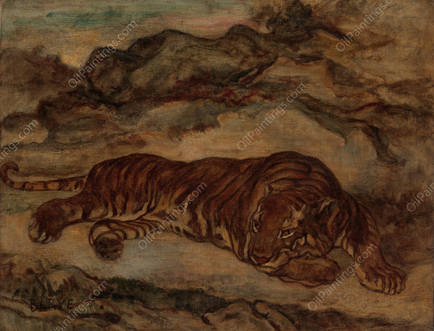 Tiger in Repose  by Antoine-Louis Barye - Hand-Painted Oil Painting Reproduction