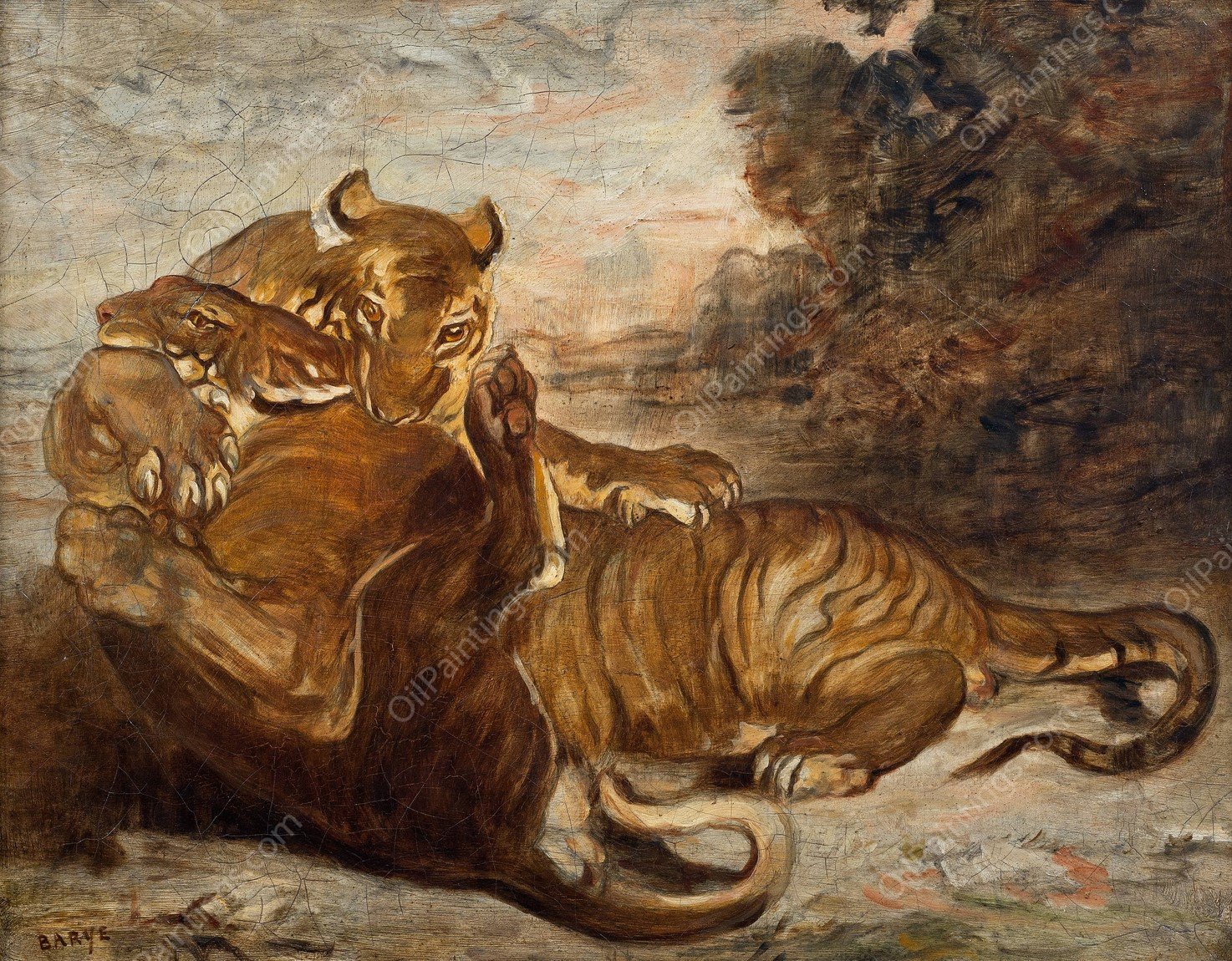 Two Tigers at Play by Antoine-Louis Barye - Hand-Painted Oil Painting Reproduction