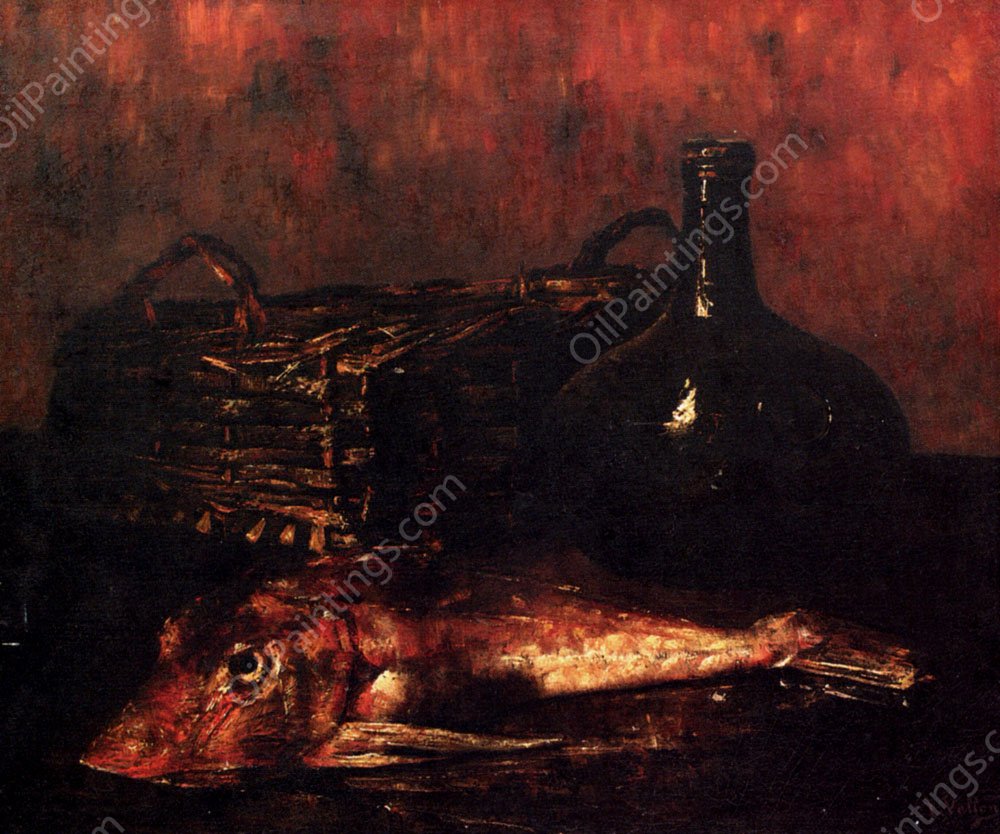 A Still Life With A Fish, A Bottle And A Wicker Basket by Antoine Vollon - Hand-Painted Oil Painting Reproduction
