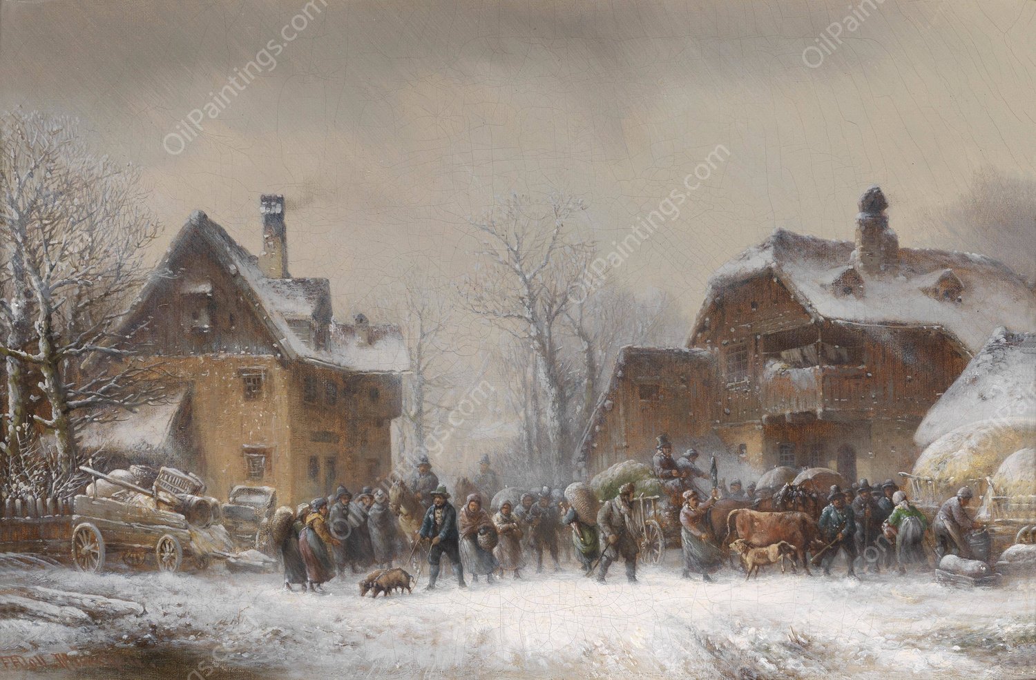 Reges Treiben in einem winterlich verschneiten Dorf by Anton Doll - Hand-Painted Oil Painting Reproduction