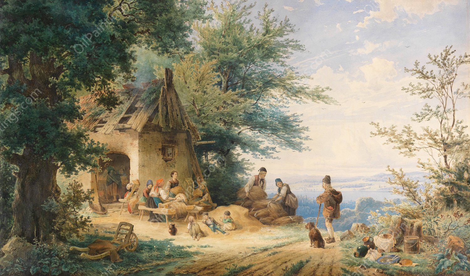 Sommerliche Landschaft mit Bauern bei der Flachsverarbeitung  by Anton Doll - Hand-Painted Oil Painting Reproduction