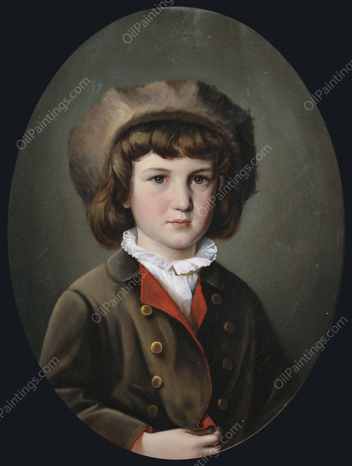 Bildnis eines Jungen in gruner Jacke mit Pelzmutze  by Anton Ebert - Hand-Painted Oil Painting Reproduction