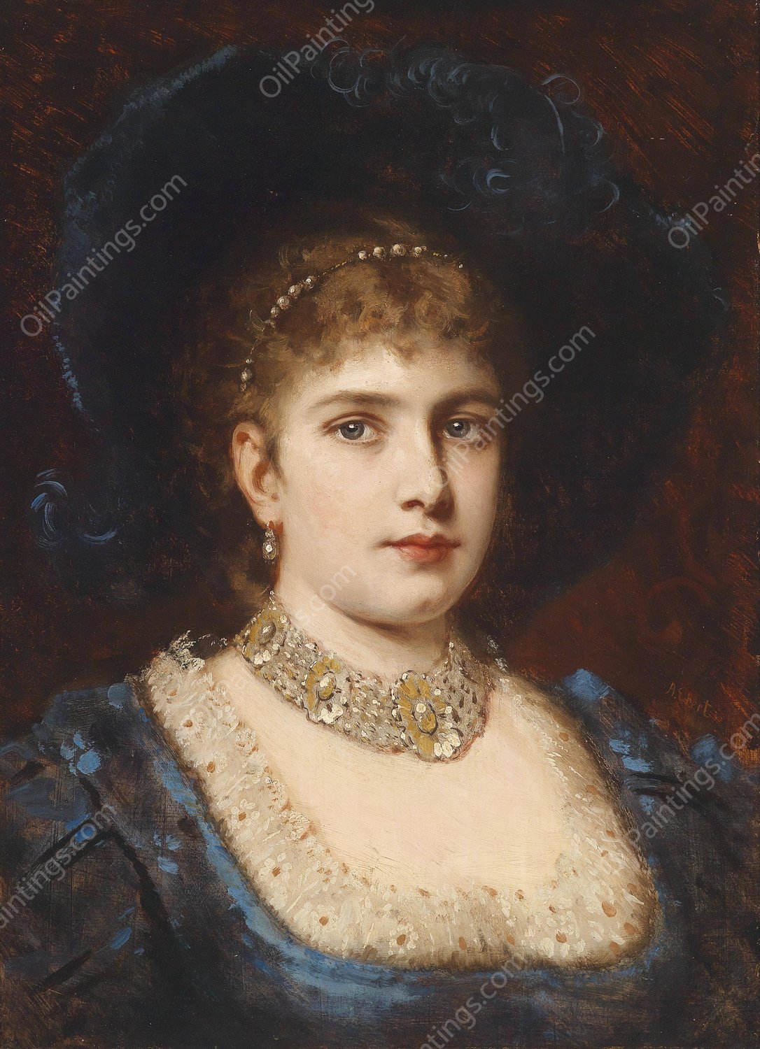 Dame in blauem Kleid mit Hut by Anton Ebert - Hand-Painted Oil Painting Reproduction