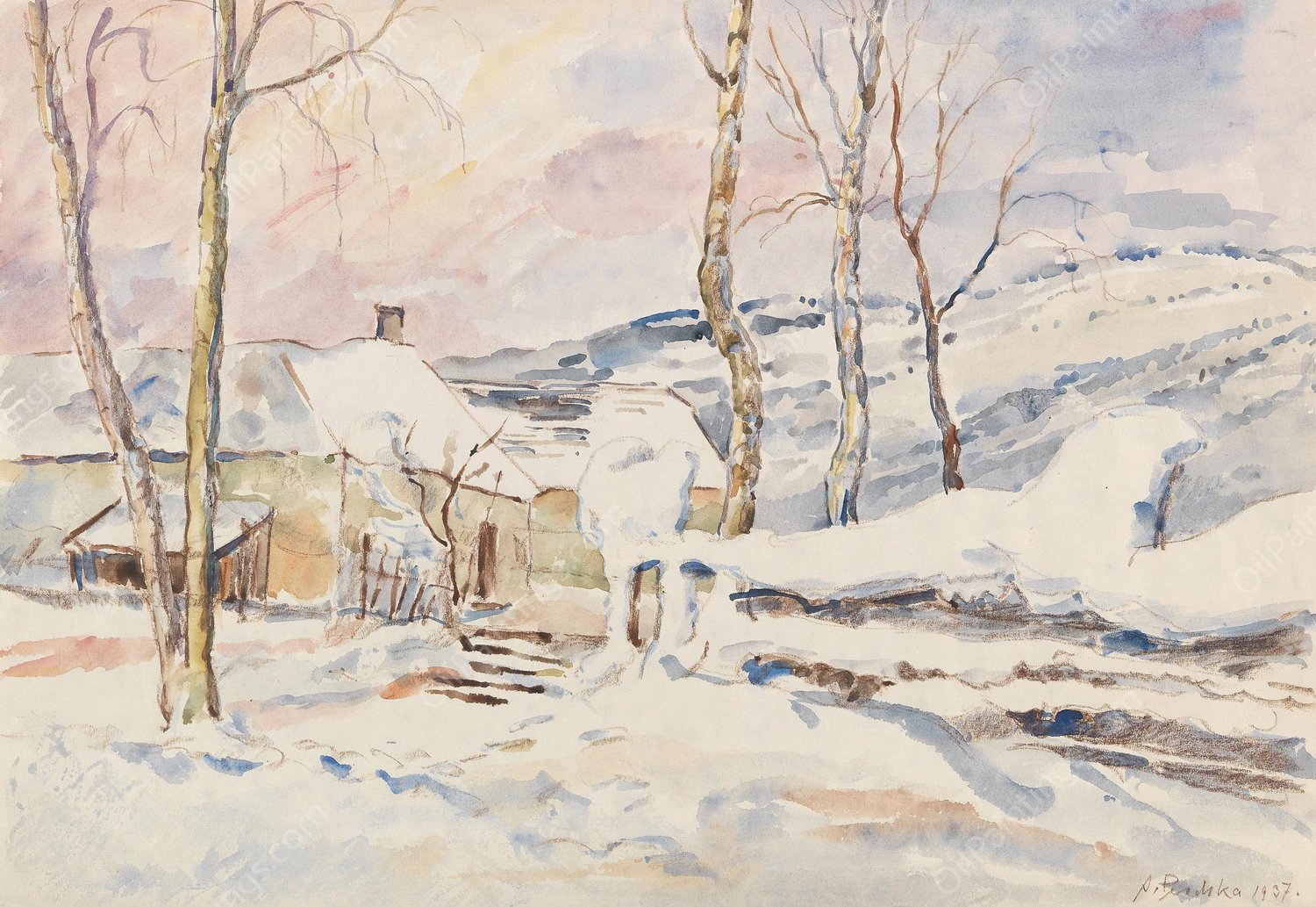 Winterplastiken am Weidezaun  by Anton Emanuel Peschka - Hand-Painted Oil Painting Reproduction