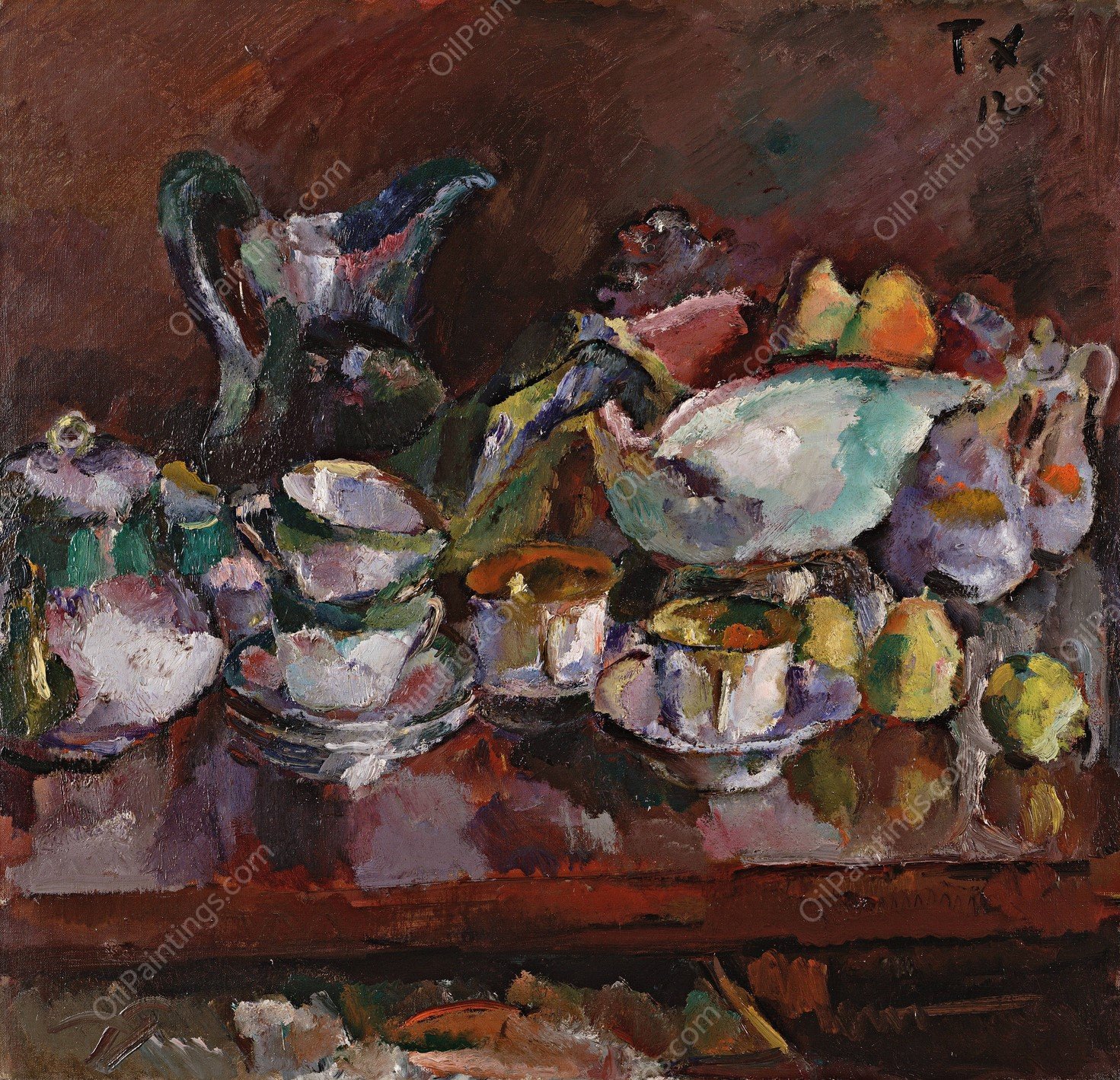 Still Life with Coffee Cups  by Anton Faistauer - Hand-Painted Oil Painting Reproduction