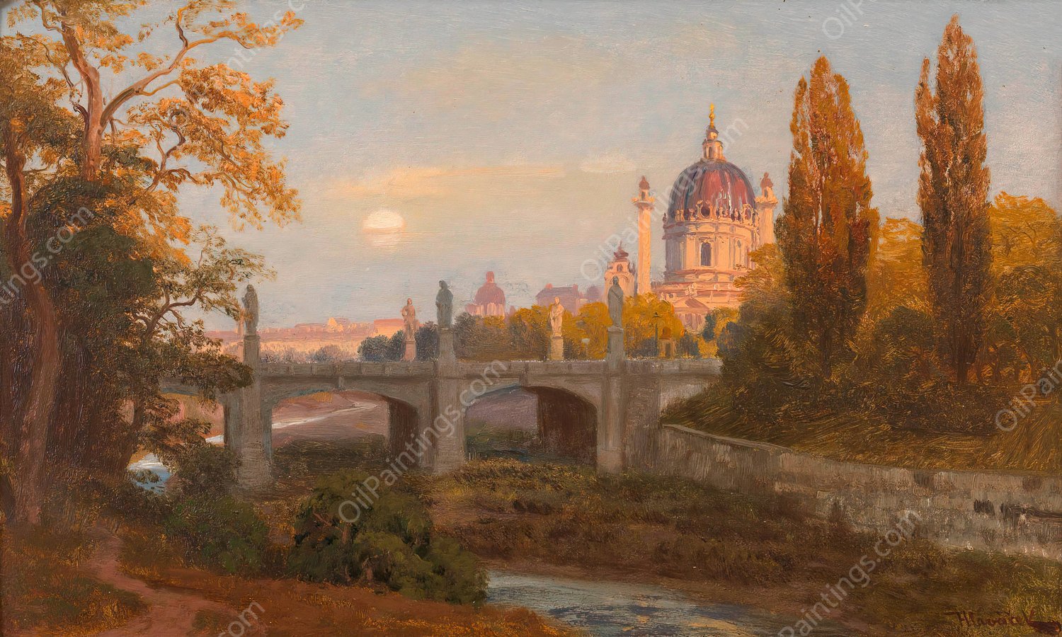 Blick vom Wienfluss gegen Elisabethbrucke und Karlskirche  by Anton Hlavacek - Hand-Painted Oil Painting Reproduction