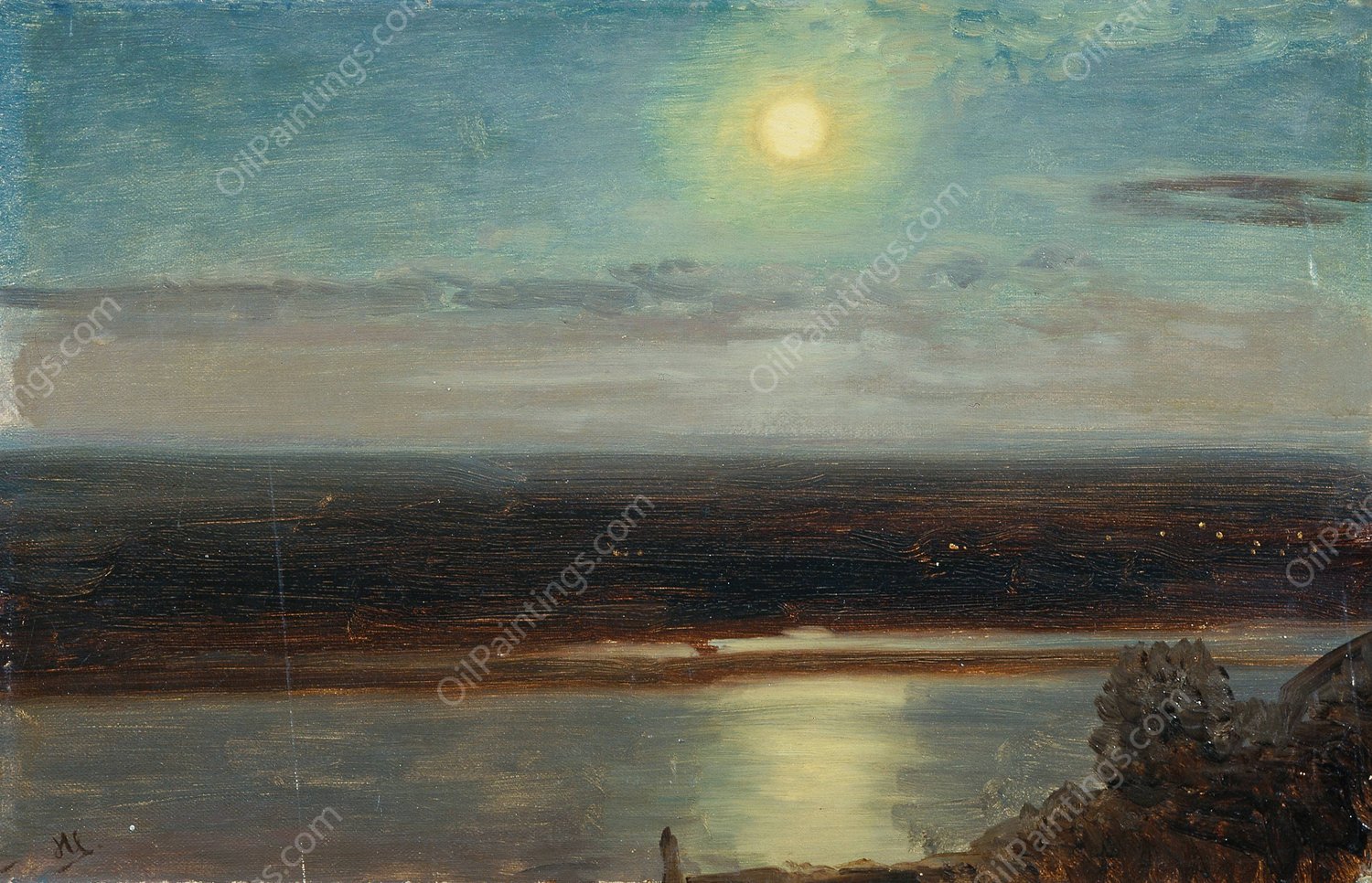 Die Donau mit dem Marchfeld bei Nacht  by Anton Hlavacek - Hand-Painted Oil Painting Reproduction