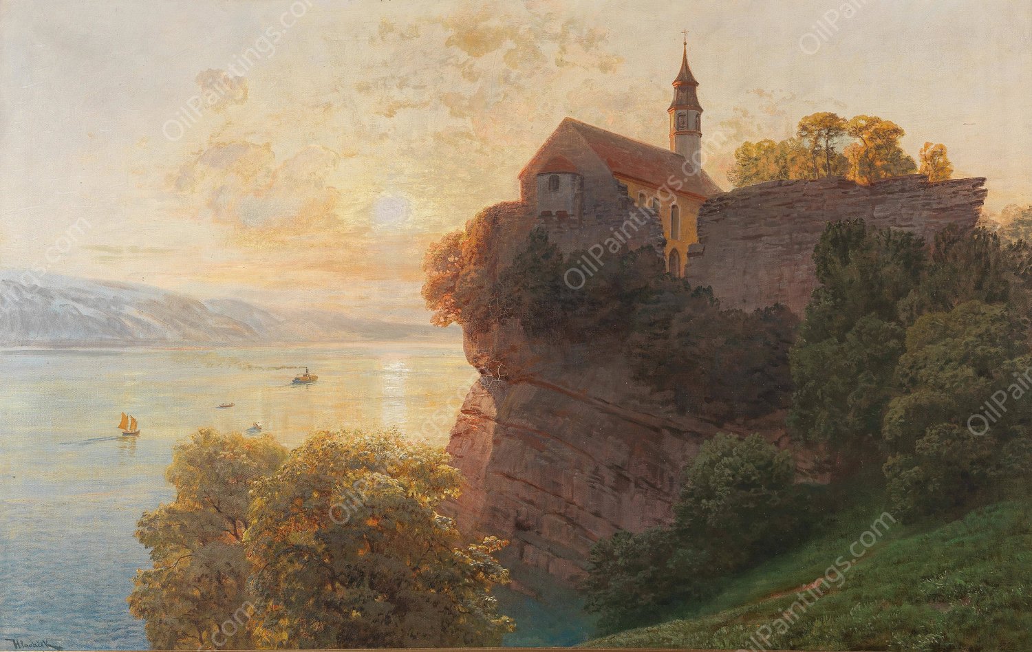 Gebhart Chapel on the Gebhartsberg near Bregenz on Lake Constance, Evening by Anton Hlavacek - Hand-Painted Oil Painting Reproduction