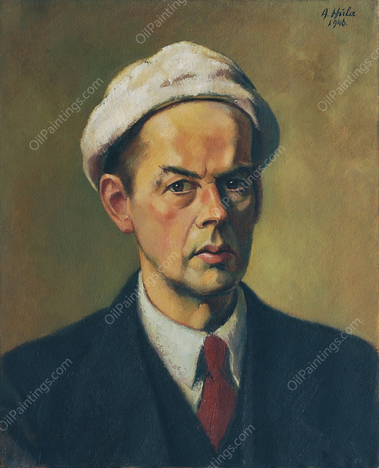 Selbstbildnis mit weiser Mutze  by Anton Hula - Hand-Painted Oil Painting Reproduction