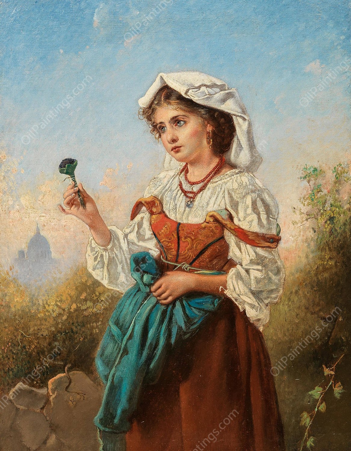 An Italian Violet Seller, With Rome In The Background by Anton Romako - Hand-Painted Oil Painting Reproduction