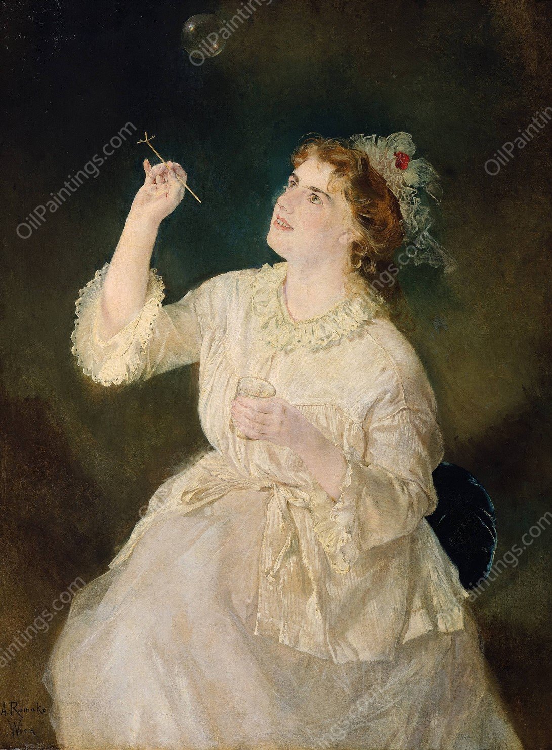 Die Seifenblaserin  by Anton Romako - Hand-Painted Oil Painting Reproduction