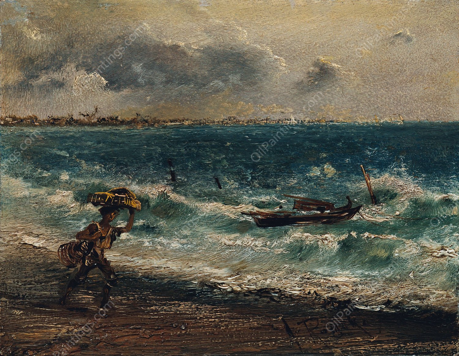 Fischerknabe am Meeresstrand  by Anton Romako - Hand-Painted Oil Painting Reproduction