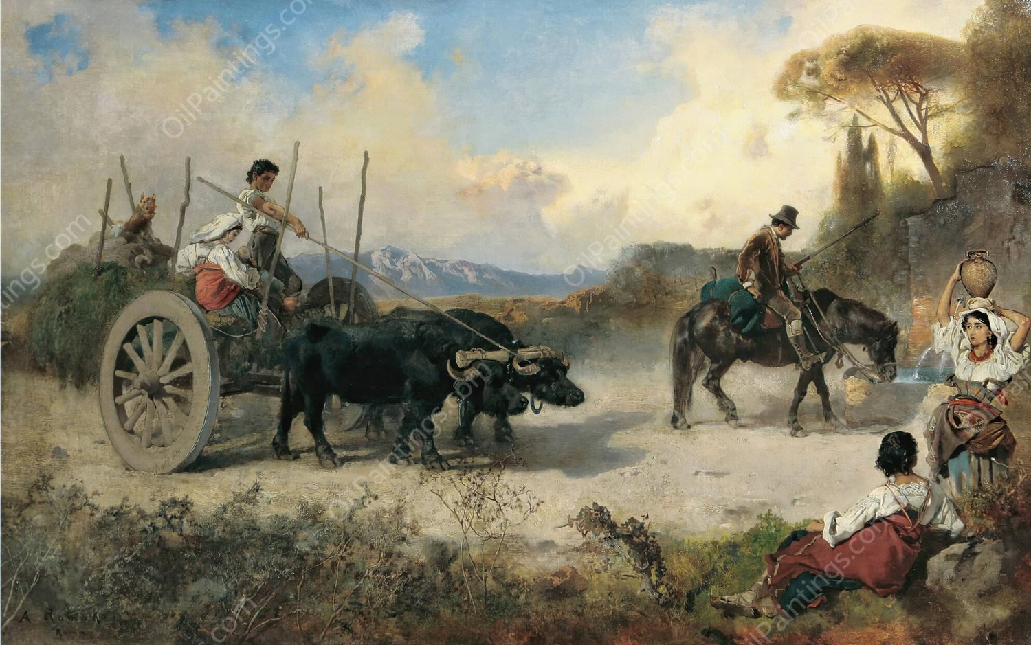 The Watering Place by Anton Romako - Hand-Painted Oil Painting Reproduction