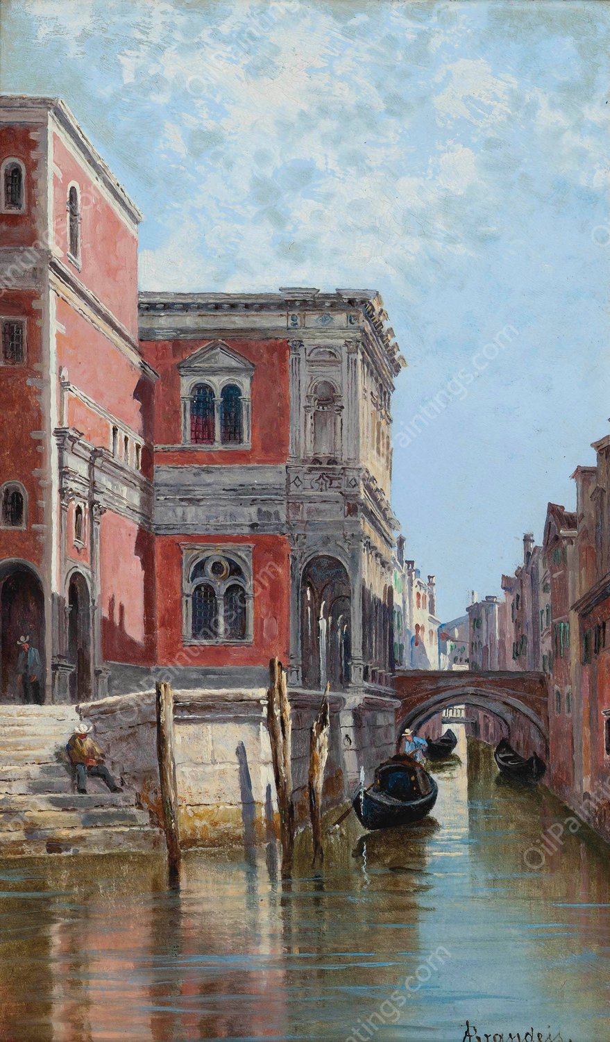 Gondoliers on a Venetian Canal by Antonietta Brandeis - Hand-Painted Oil Painting Reproduction