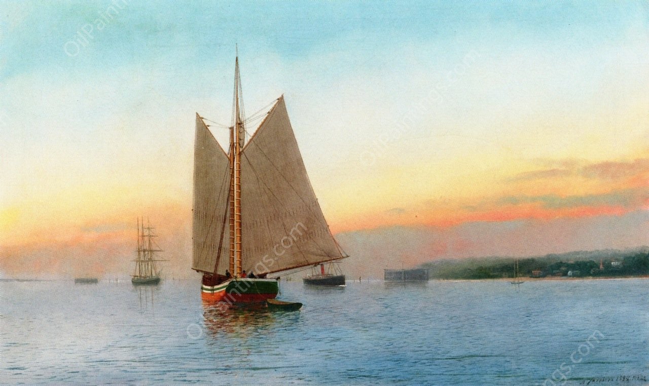 Lumber Schooner in New York's Lower Bay by Antonio Jacobsen - Hand-Painted Oil Painting Reproduction