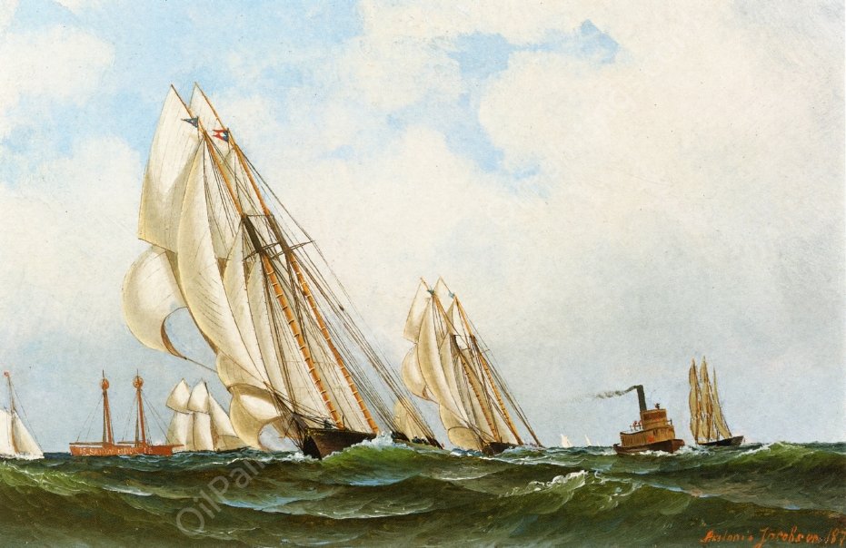 Sappho off Sandy Hook Lightship by Antonio Jacobsen - Hand-Painted Oil Painting Reproduction