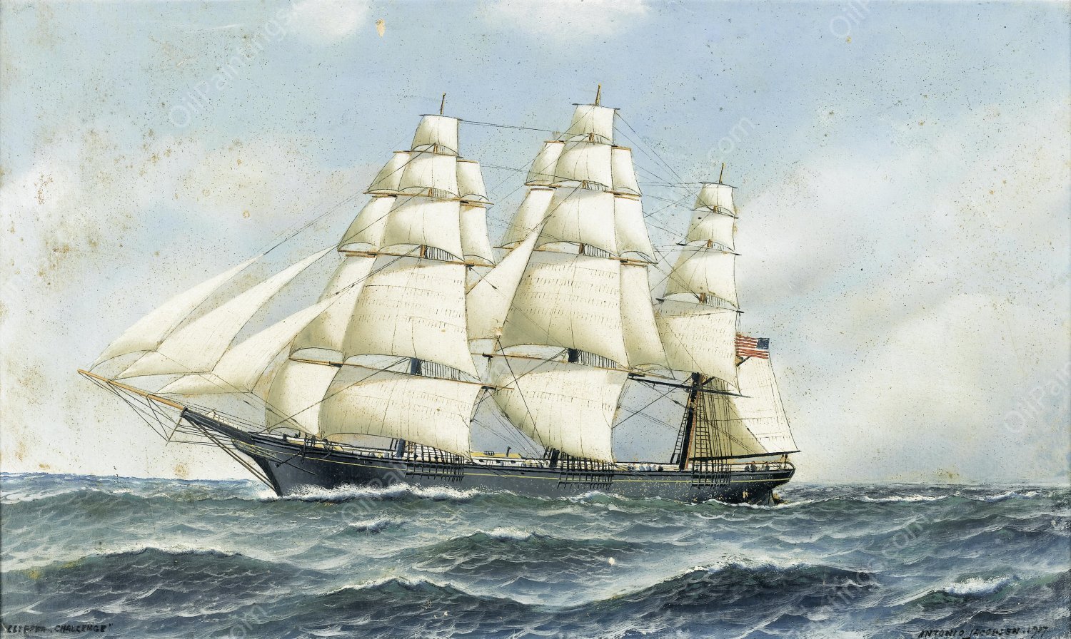The Celebrated American Clipper Challenge Under Full Saill by Antonio Jacobsen - Hand-Painted Oil Painting Reproduction