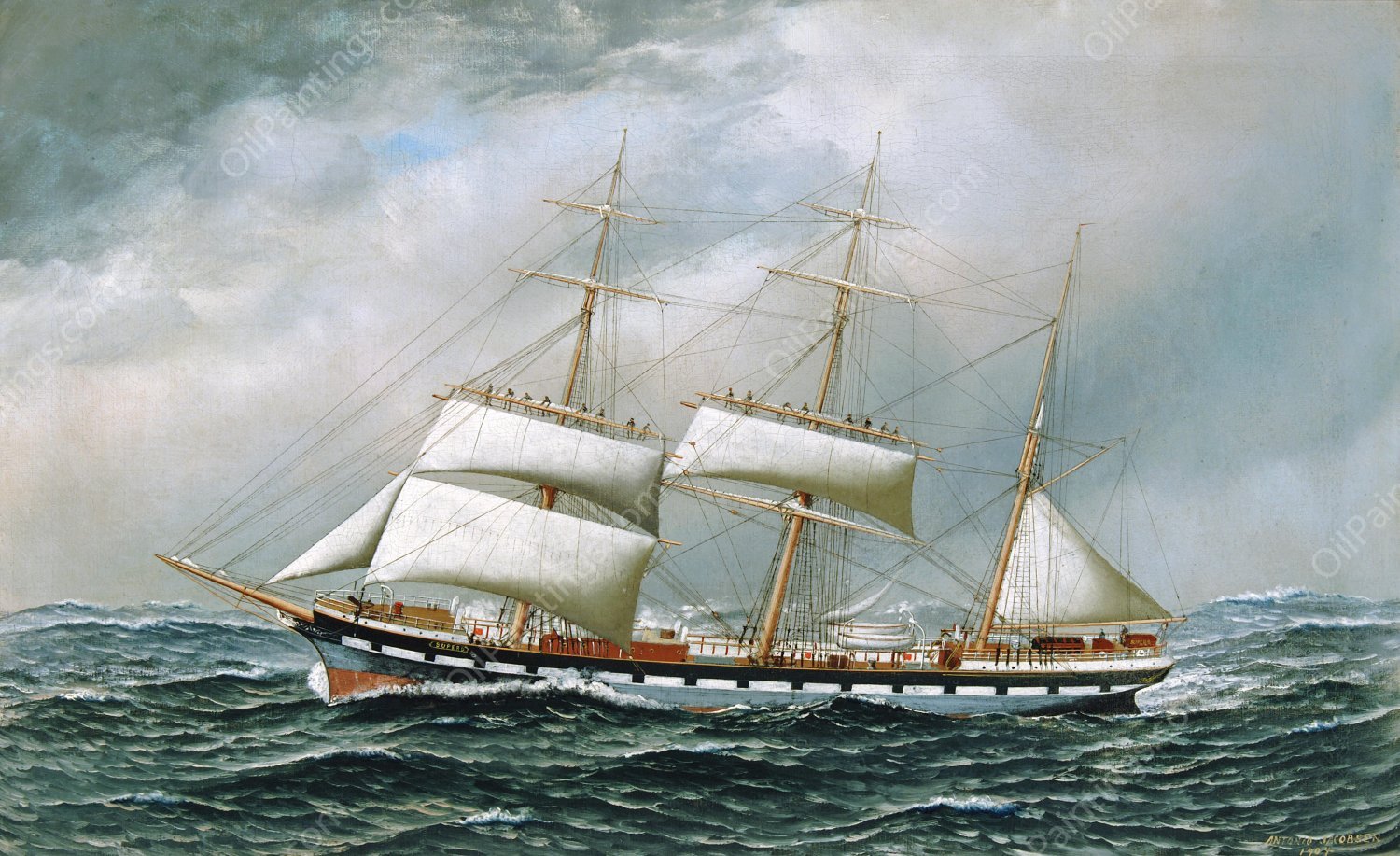 The Norwegian Bark Superb Shortening Sail in Mid-ocean by Antonio Jacobsen - Hand-Painted Oil Painting Reproduction