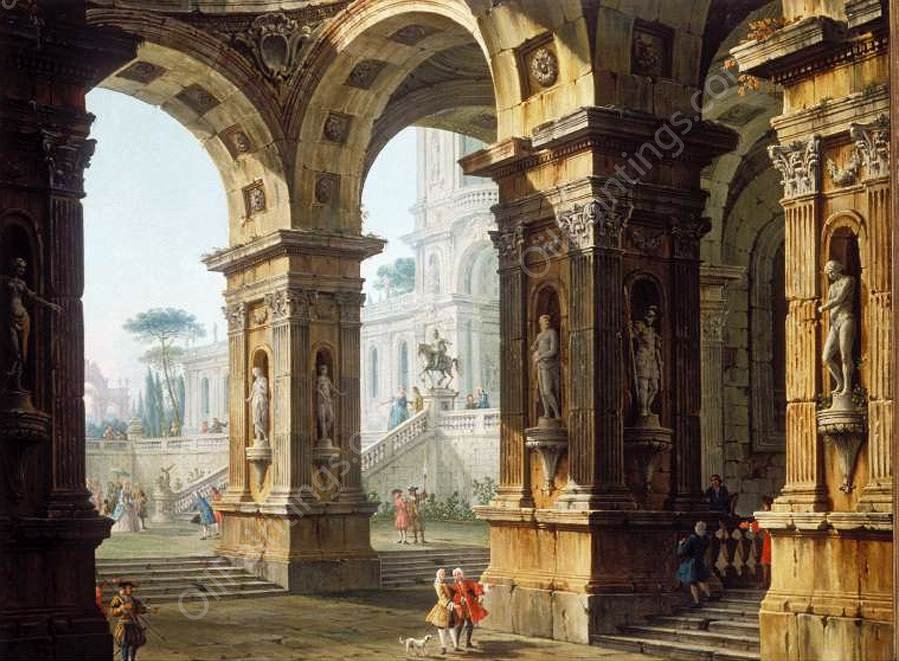 Capriccio with Elegant Figures by Antonio Joli - Hand-Painted Oil Painting Reproduction