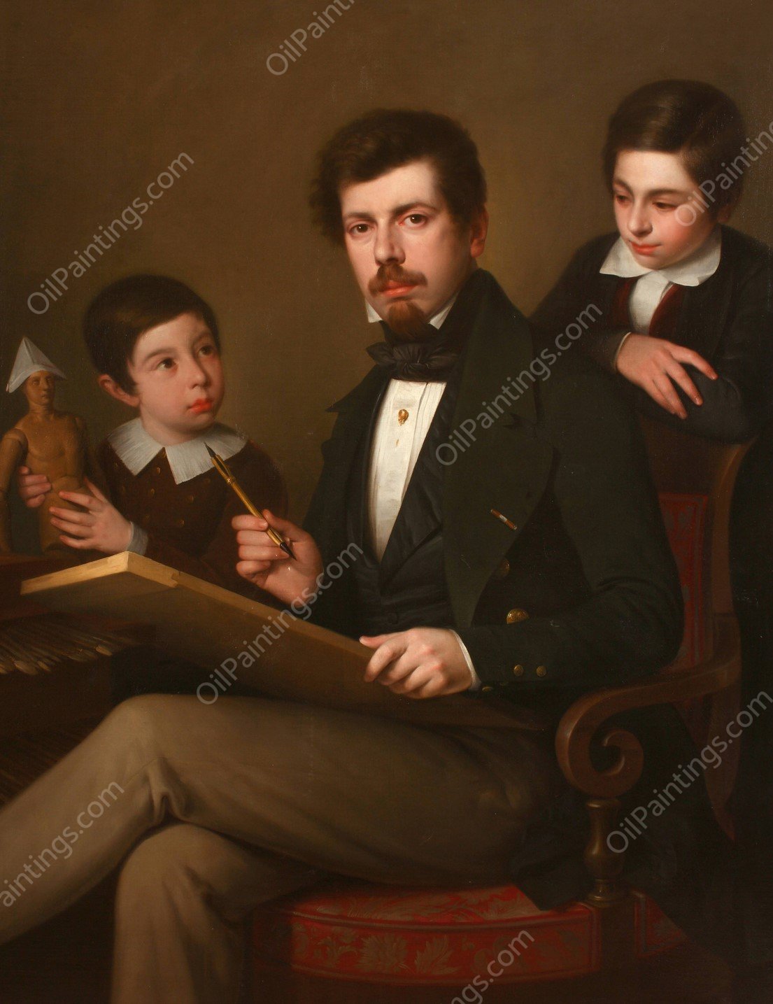 Self-portrait with his sons Carlos and Vicente  by Antonio Maria Esquivel - Hand-Painted Oil Painting Reproduction