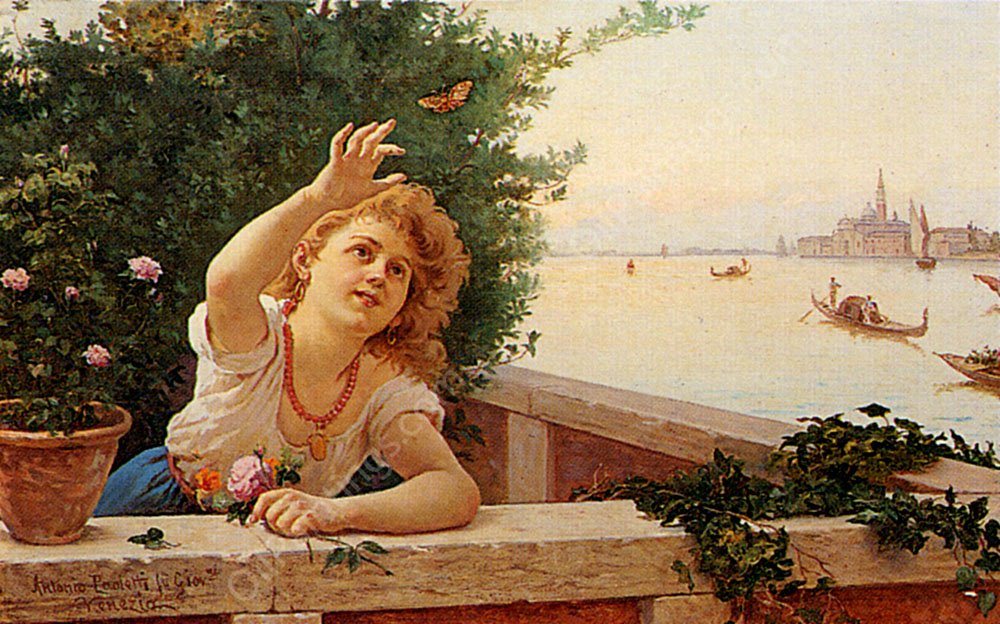 A Venetian Balcony by Antonio Paoletti - Hand-Painted Oil Painting Reproduction