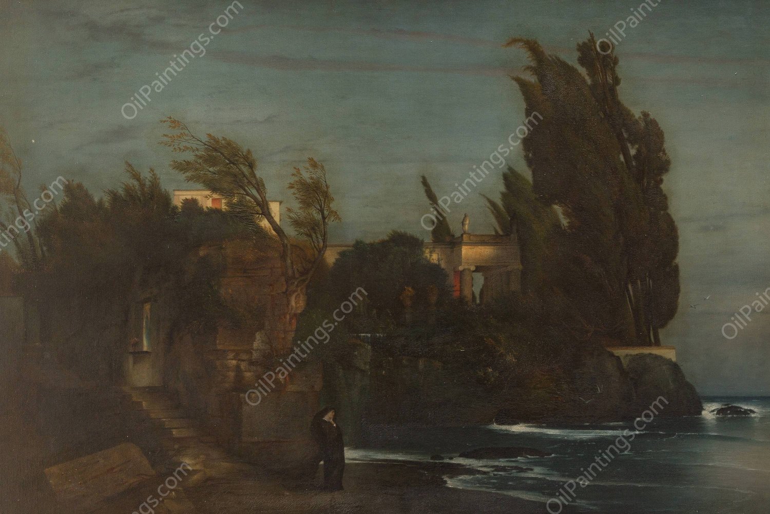Fiesole Villa by the sea  by Arnold Bocklin - Hand-Painted Oil Painting Reproduction