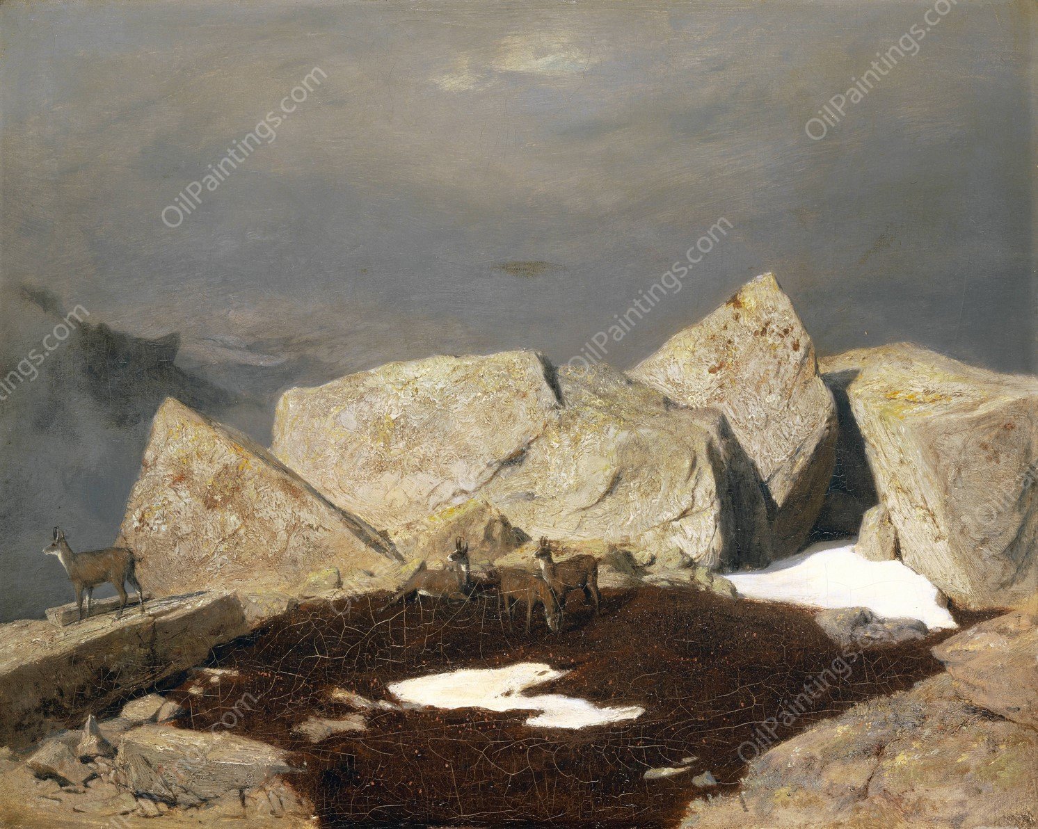 High Mountain Landscape With Chamois  by Arnold Bocklin - Hand-Painted Oil Painting Reproduction