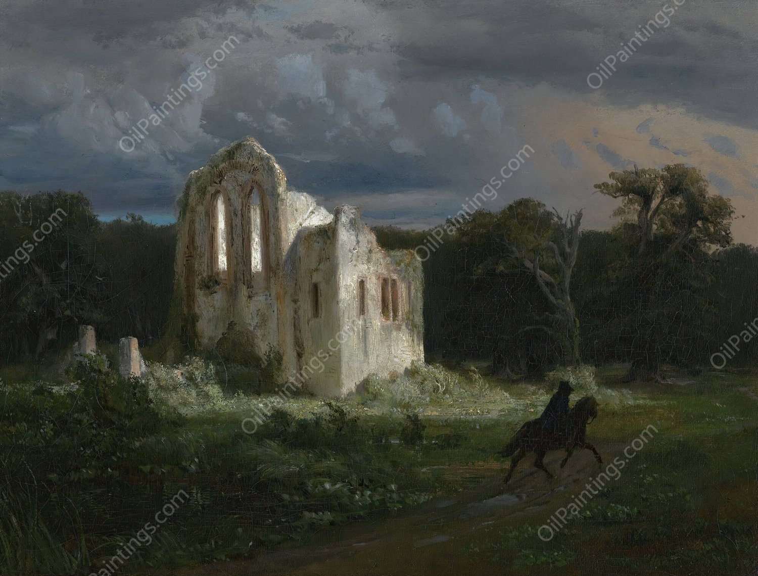 Mondscheinlandschaft Mit Ruine  by Arnold Bocklin - Hand-Painted Oil Painting Reproduction