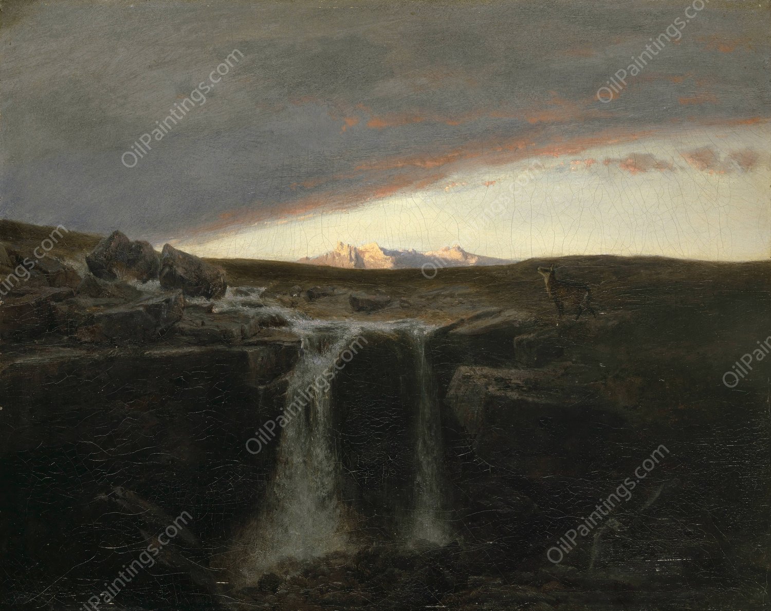 Mountain Landscape with Waterfall  by Arnold Bocklin - Hand-Painted Oil Painting Reproduction