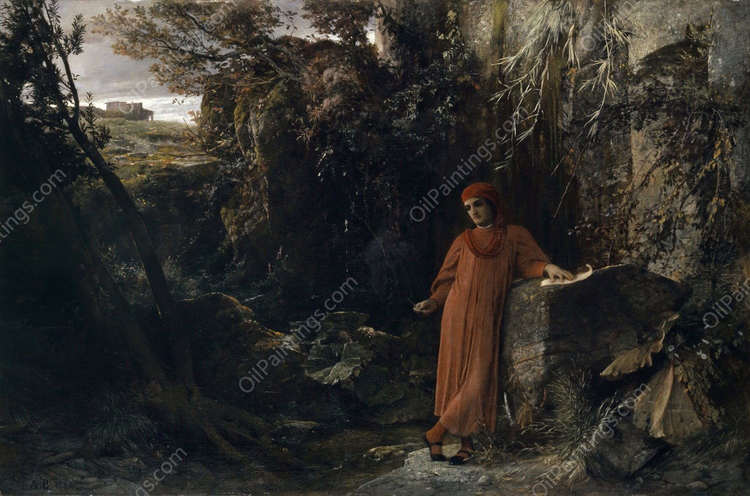 Petrarch at the Spring of Vaucluse  by Arnold Bocklin - Hand-Painted Oil Painting Reproduction