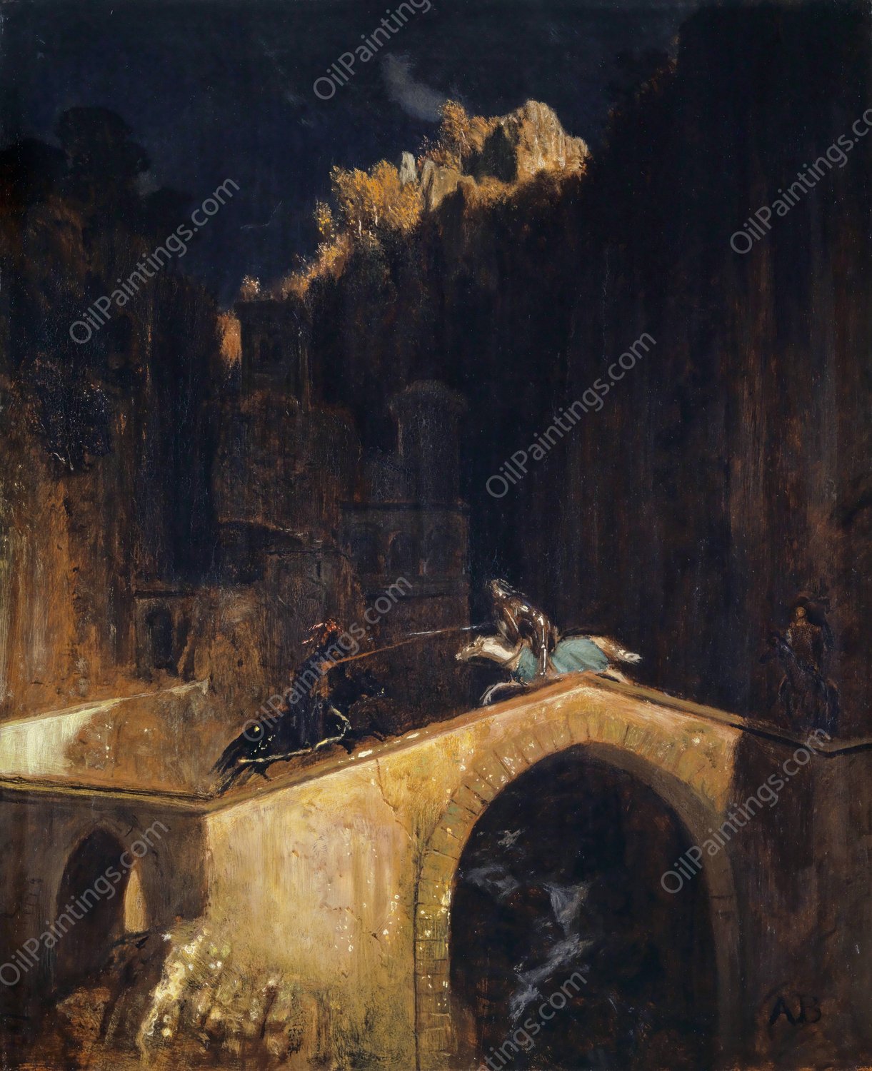 The Fight on the Bridge  by Arnold Bocklin - Hand-Painted Oil Painting Reproduction