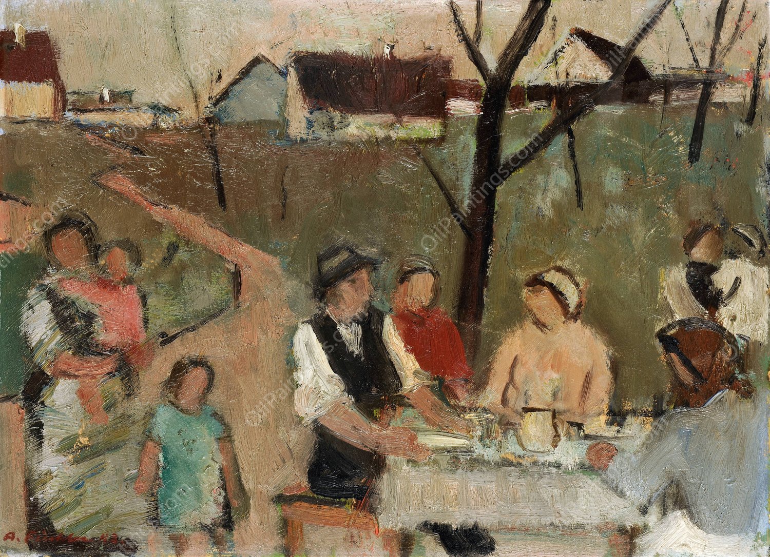Family At The Table Outdoors  by Arnold Fiechter - Hand-Painted Oil Painting Reproduction