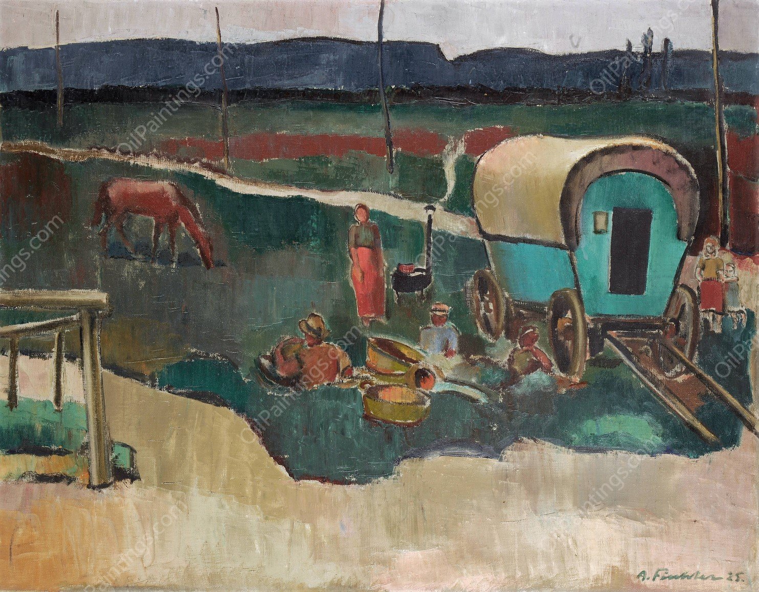 Gypsy Camp In Alsace  by Arnold Fiechter - Hand-Painted Oil Painting Reproduction