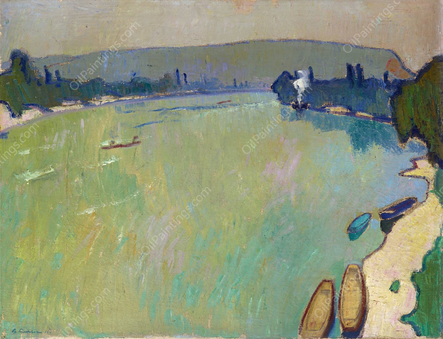 Landscape At The Rhine  by Arnold Fiechter - Hand-Painted Oil Painting Reproduction