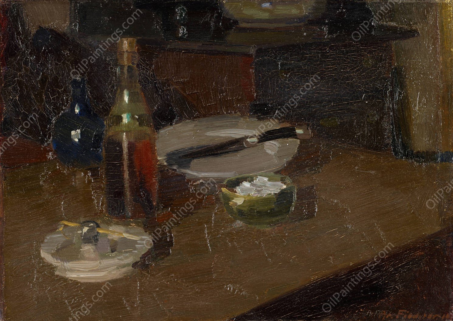Still Life With Plate And Bottle  by Arnold Fiechter - Hand-Painted Oil Painting Reproduction