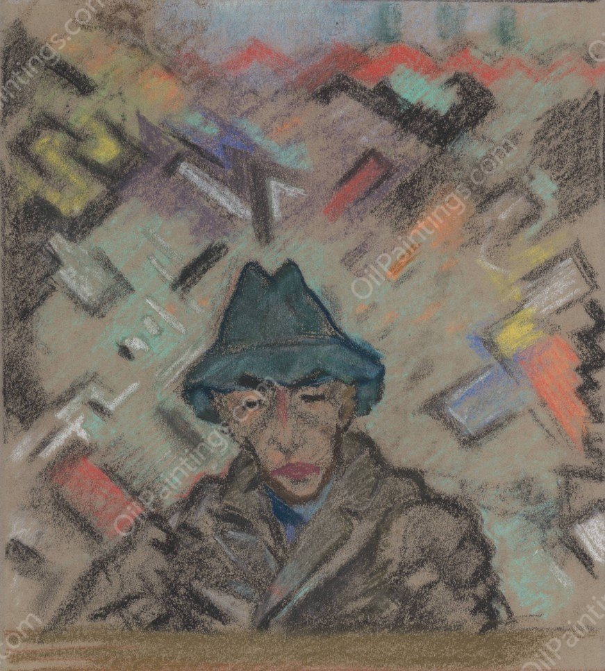 Bust of a Man in a Hat with Decorative Background  by Arnold Peter Weisz-Kubincan - Hand-Painted Oil Painting Reproduction