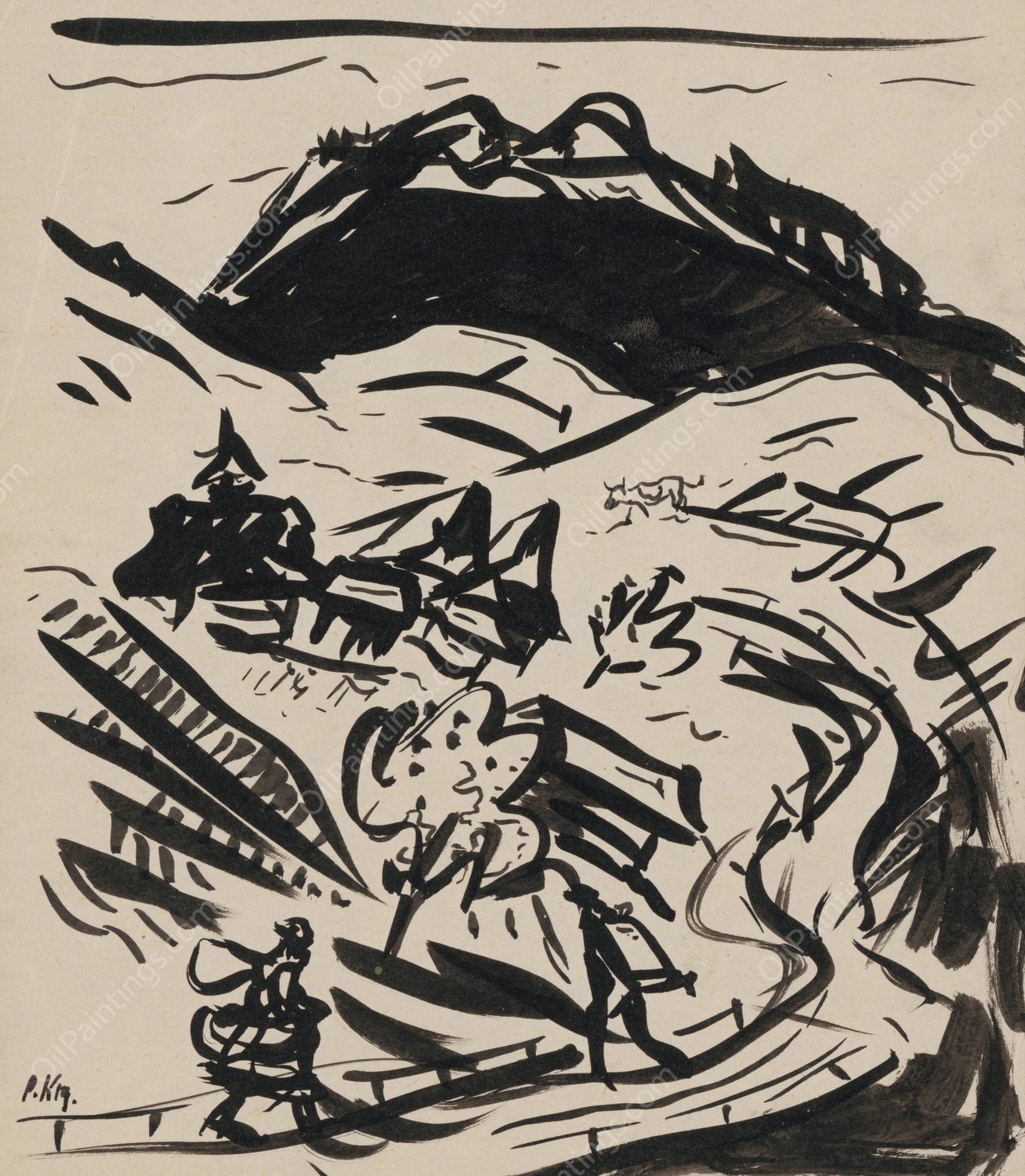 Landscape with Two Figures  by Arnold Peter Weisz-Kubincan - Hand-Painted Oil Painting Reproduction