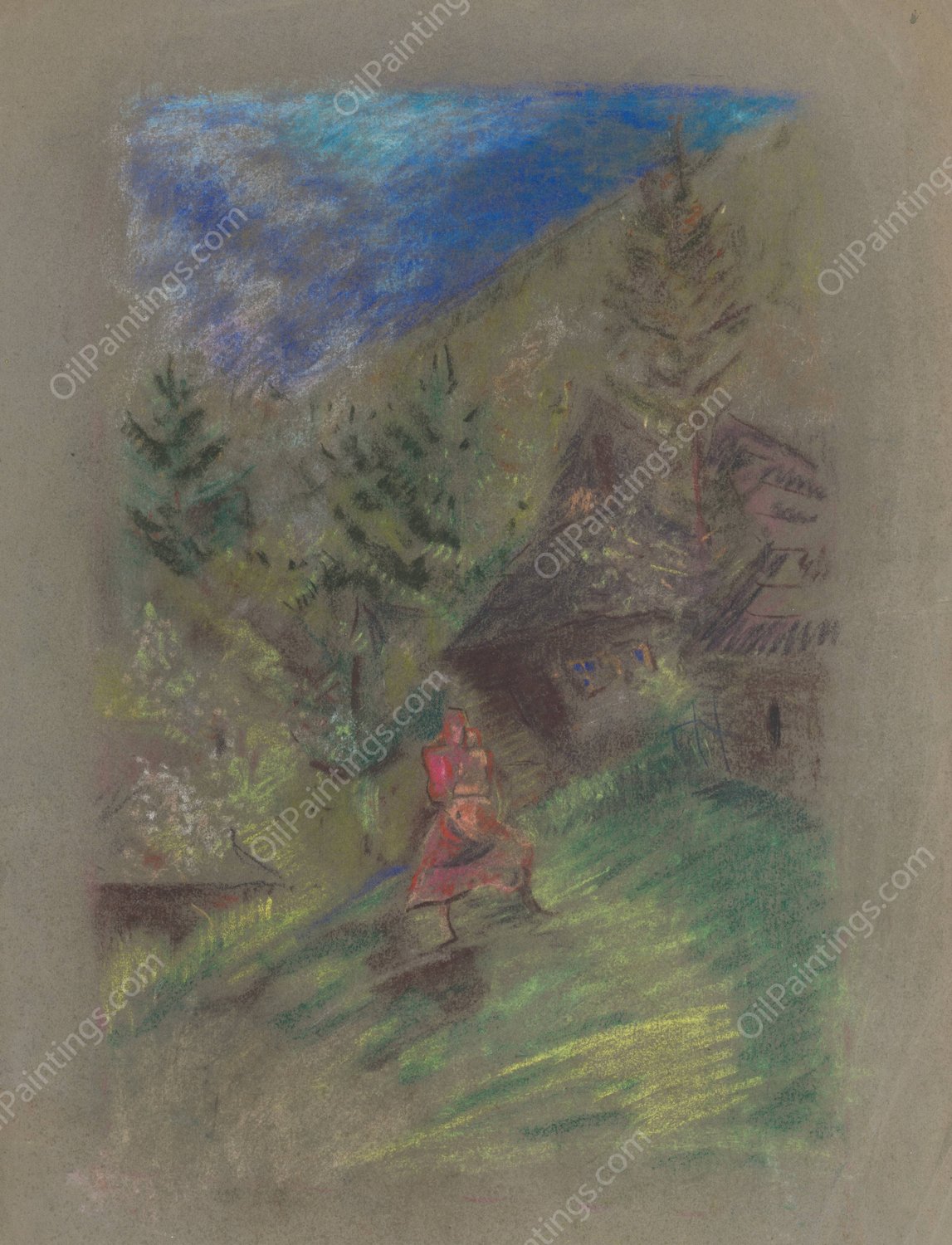 Woman with a Child in front of Cottages  by Arnold Peter Weisz-Kubincan - Hand-Painted Oil Painting Reproduction