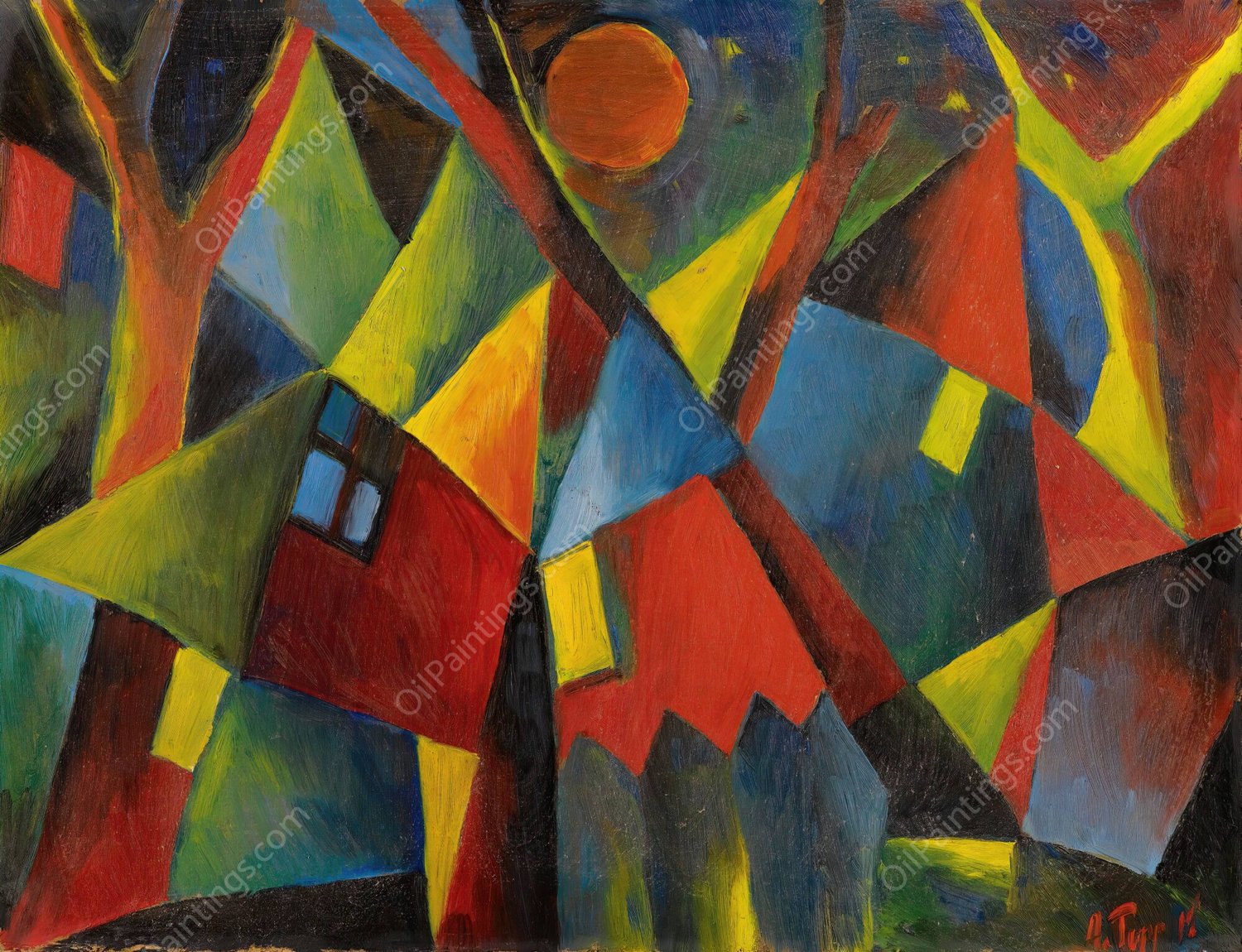 Gelbroter Mond uber Sturzenden Hausern  by Arnold Topp - Hand-Painted Oil Painting Reproduction