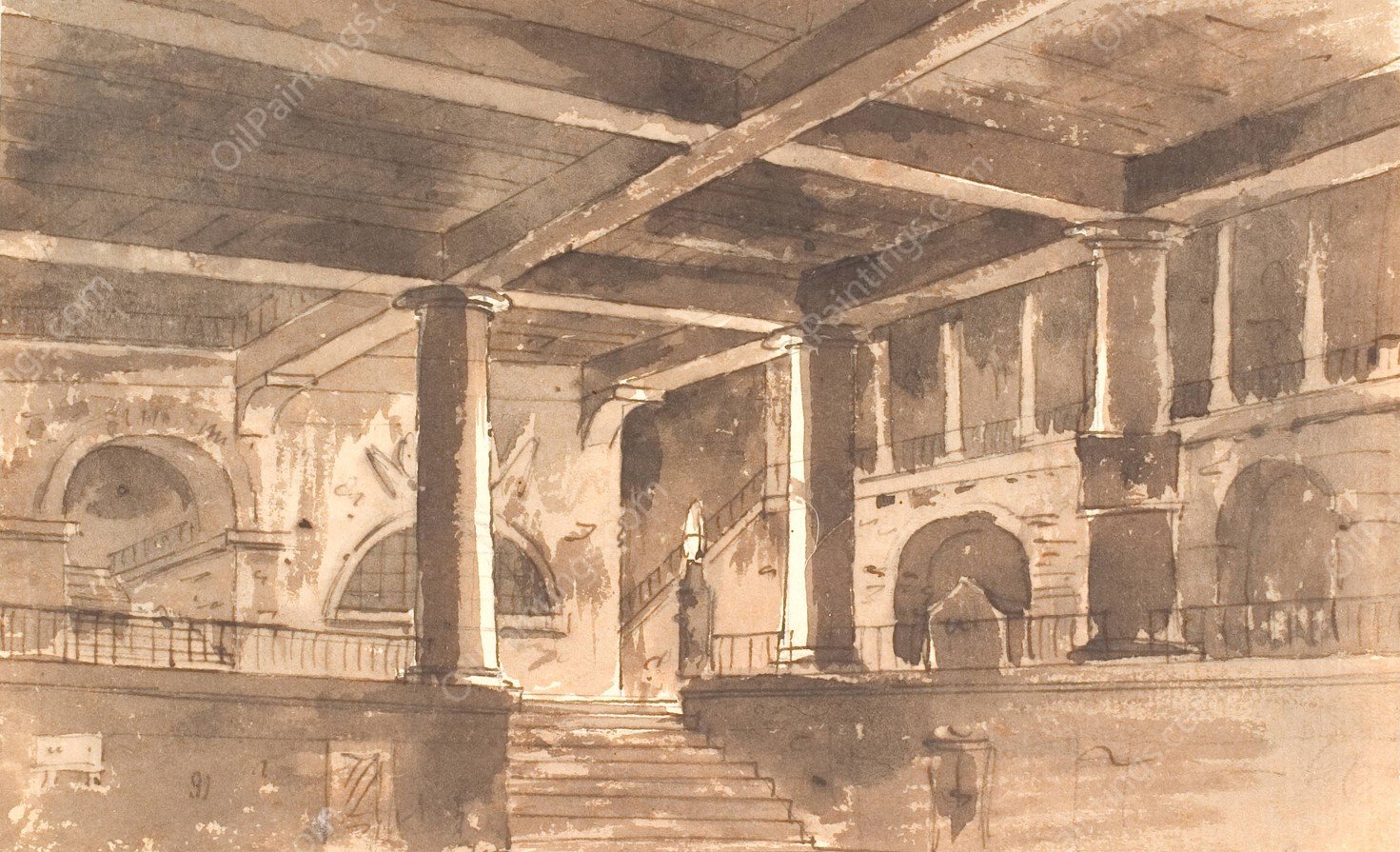 Forhal Med Trappe, Sojler Og Hvaelvinger  by Aron Wallick - Hand-Painted Oil Painting Reproduction