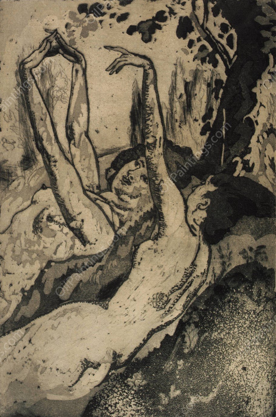 Moonlight on the Grassy Bank  by Arthur Bowen Davies - Hand-Painted Oil Painting Reproduction