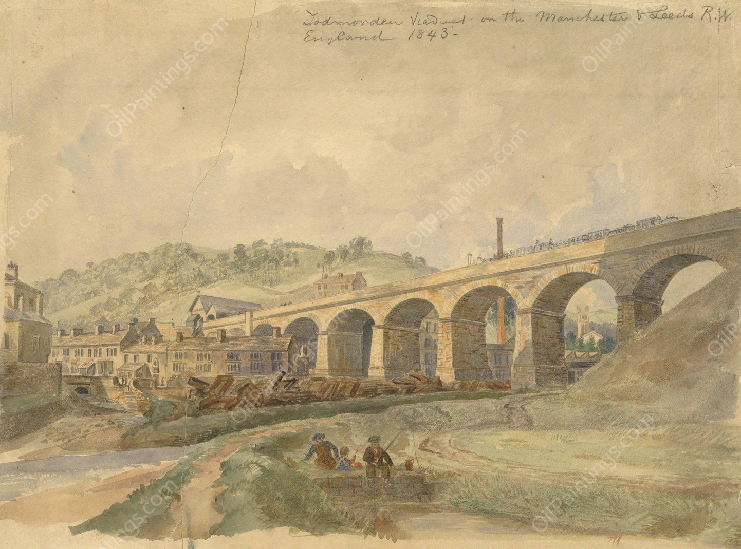 Todmorden Viaduct on the Manchester and Leeds Railway, England   by Arthur Fitzwilliam Tait - Hand-Painted Oil Painting Reproduction