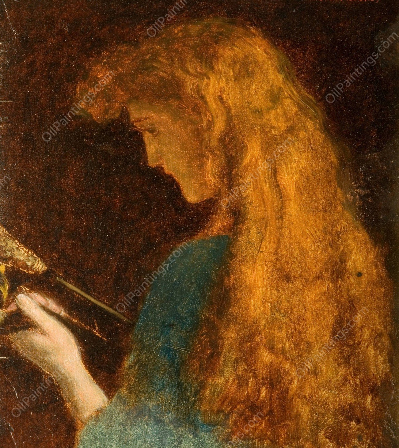 Study of a Girl's Head  by Arthur Hughes - Hand-Painted Oil Painting Reproduction