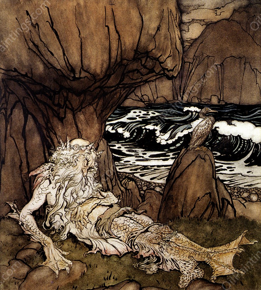 A Crowned Merman by Arthur Rackham - Hand-Painted Oil Painting Reproduction