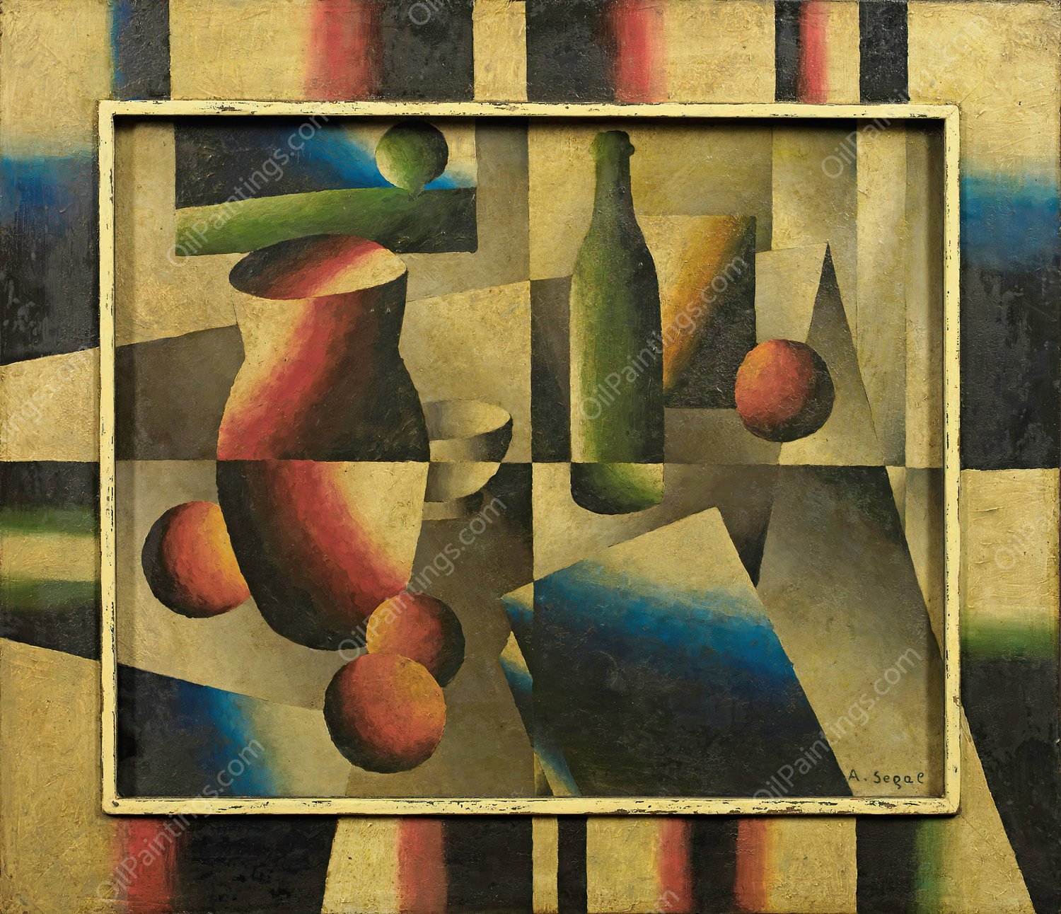 Still Life with Book, Jug and Bottle.  by Arthur Segal - Hand-Painted Oil Painting Reproduction