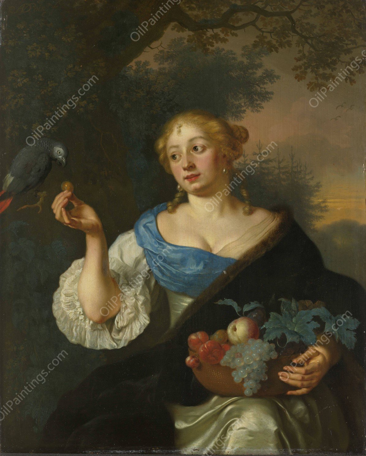 A young Woman with a Parrot  by Ary De Vois - Hand-Painted Oil Painting Reproduction