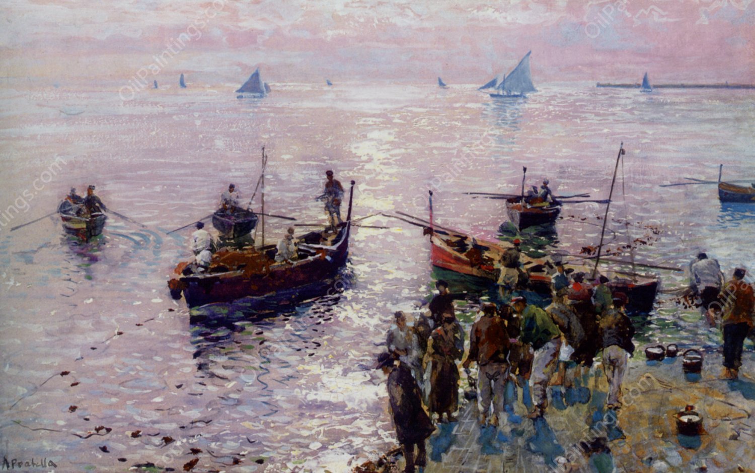 Loading The Boats at Dawn by Attilio Pratella - Hand-Painted Oil Painting Reproduction