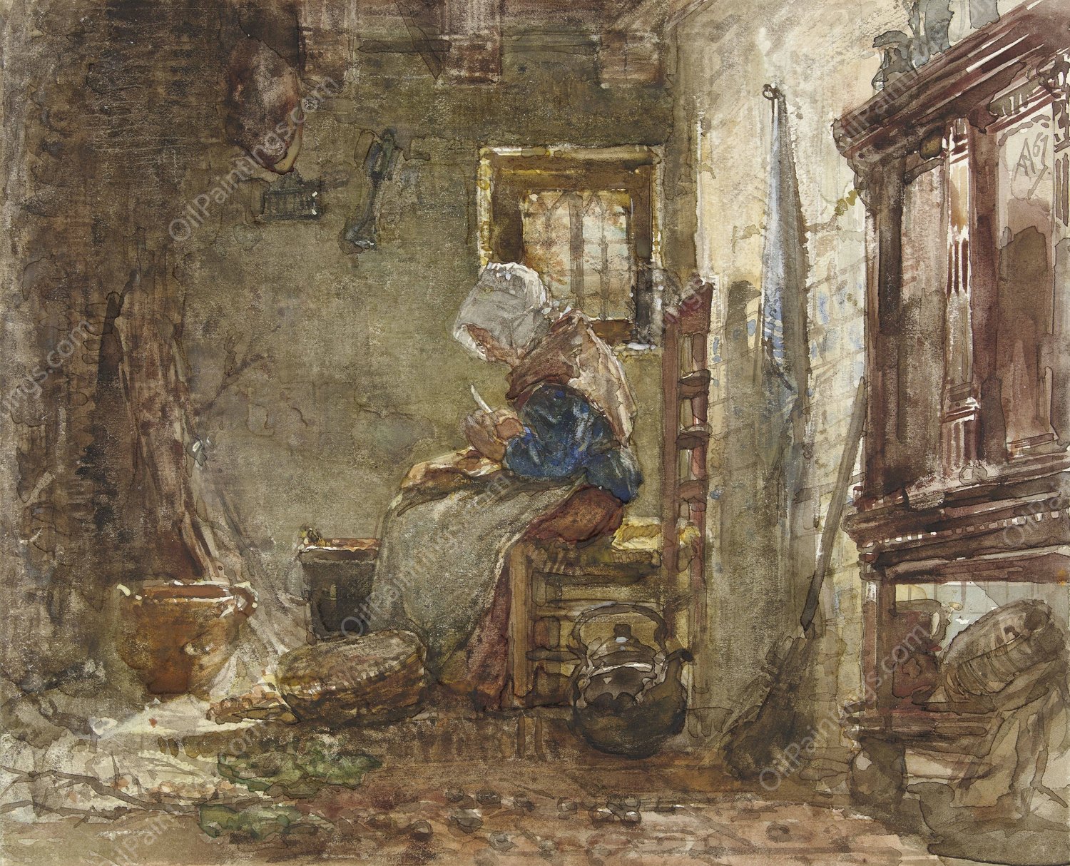 Aardappelschilster  by August Allebe - Hand-Painted Oil Painting Reproduction