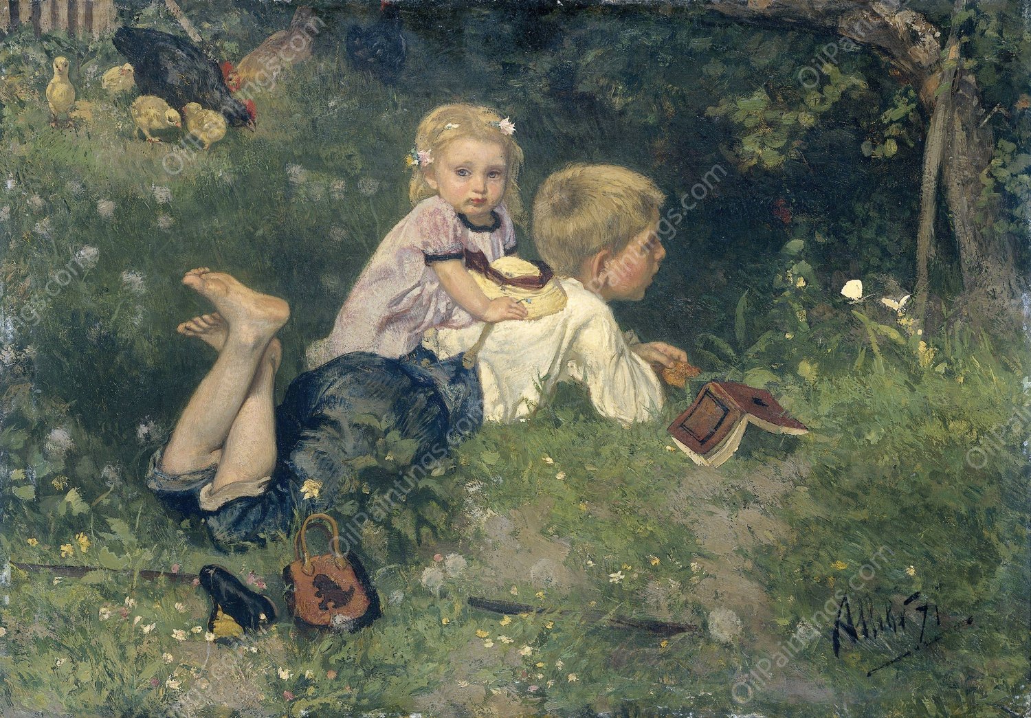 The Butterflies  by August Allebe - Hand-Painted Oil Painting Reproduction