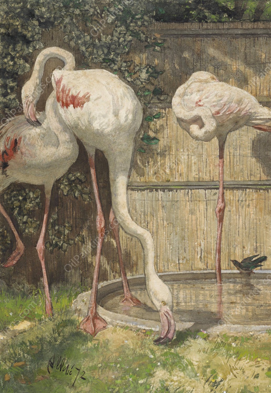 Three Flamingos near a Basin  by August Allebe - Hand-Painted Oil Painting Reproduction
